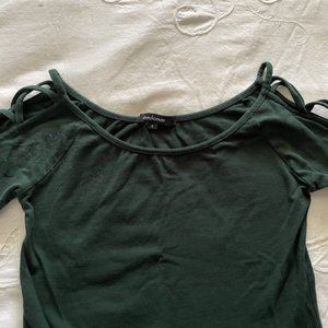 Green t-shirt with criss cross shoulders, size Small